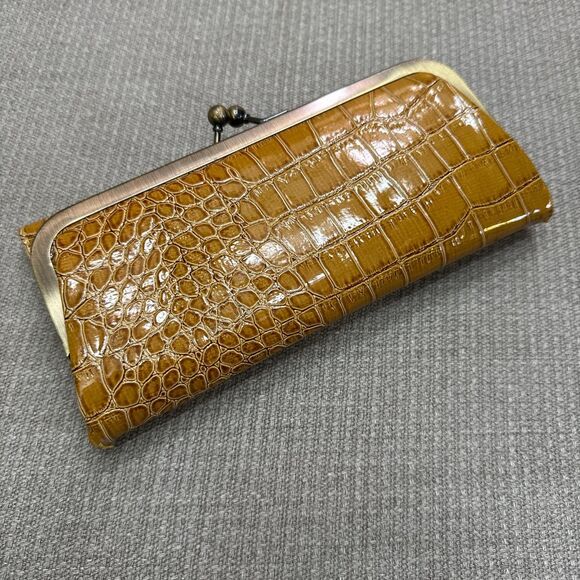 Chic Camel brown faux croc leather wallet, glam gold mini clutch event bag - Picture 4 of 7